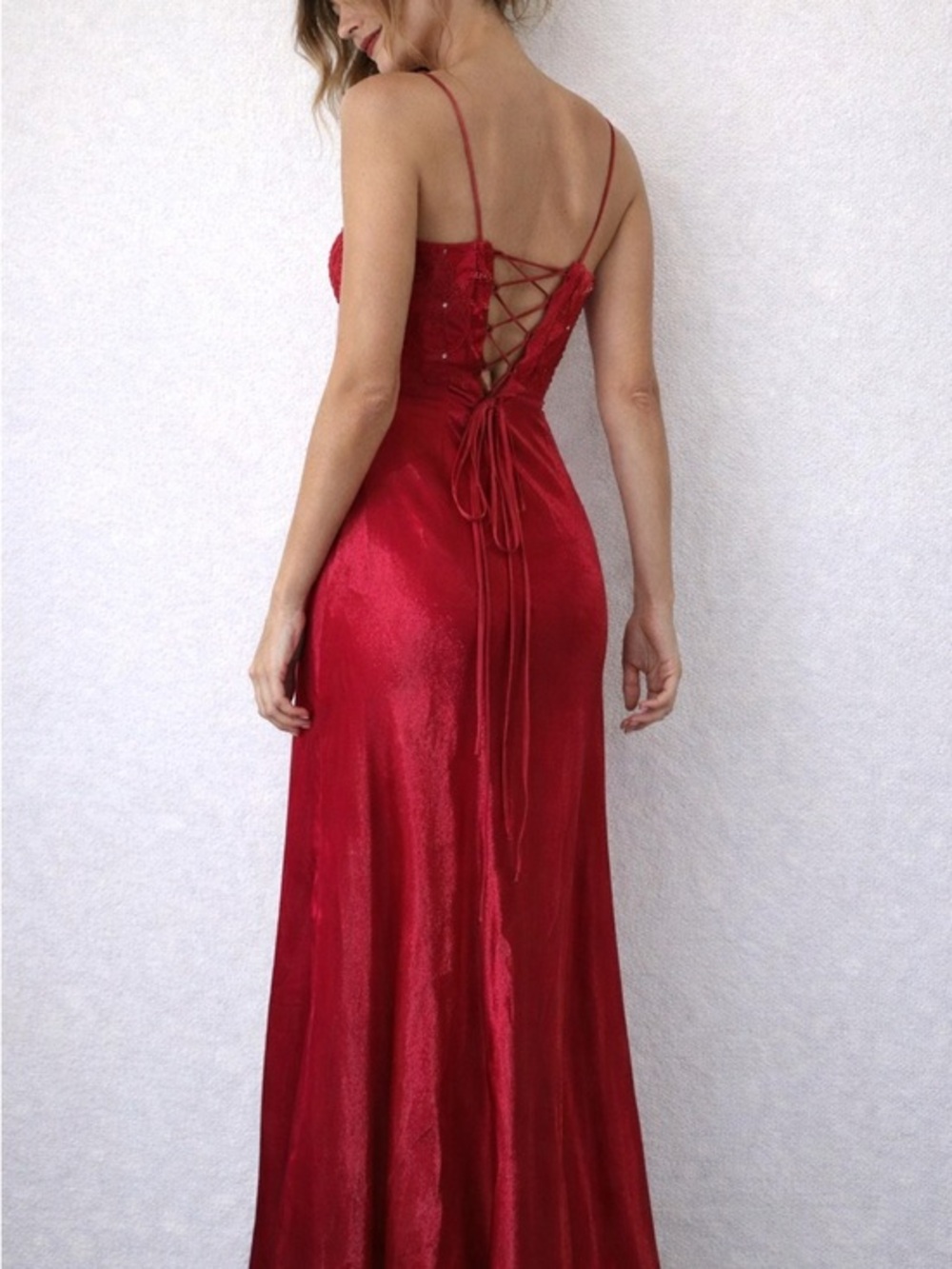 Vintage Y2K Red Satin Lace‎ Up Slip Maxi Dress Size 5/6 Coquette Y2K Glam